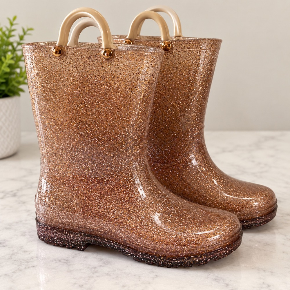 RAIN BOOTS Big Girls Size 6 Shoes Pink Sparkly Rubber Water Proof Wellies Winter